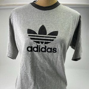VTG Adidas Trefoil Ringer T-Shirt Gray Black M Slim Velour / Velvet Logo